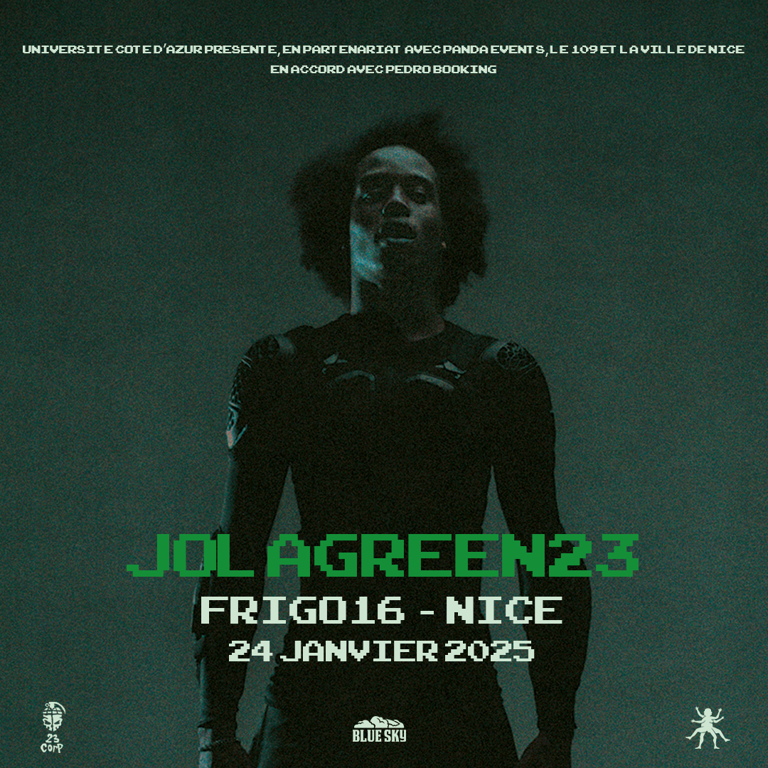 "Affiche du concert de JOLAGREEN23 au Frigo 16 à Nice, prévu le 24 janvier 2025. Un visuel sombre et artistique mettant en avant l'artiste dans une atmosphère énigmatique et vibrante, avec un style rétro-futuriste."