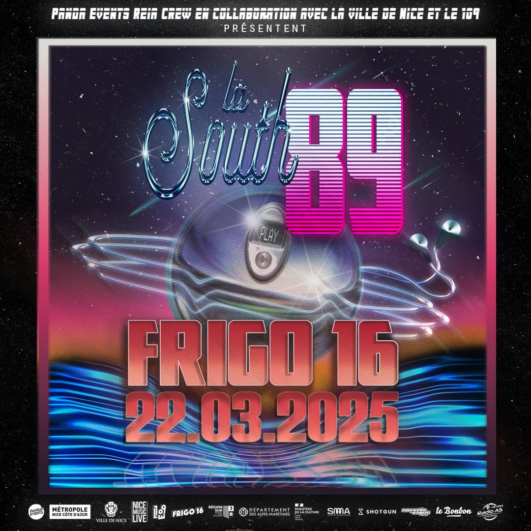 Affiche rétro-futuriste de l’événement La South 89, qui se tiendra le 22 mars 2025 au Frigo 16. Design inspiré des années 80-90 avec un lecteur CD flottant, des couleurs néon et une esthétique cyberpunk.