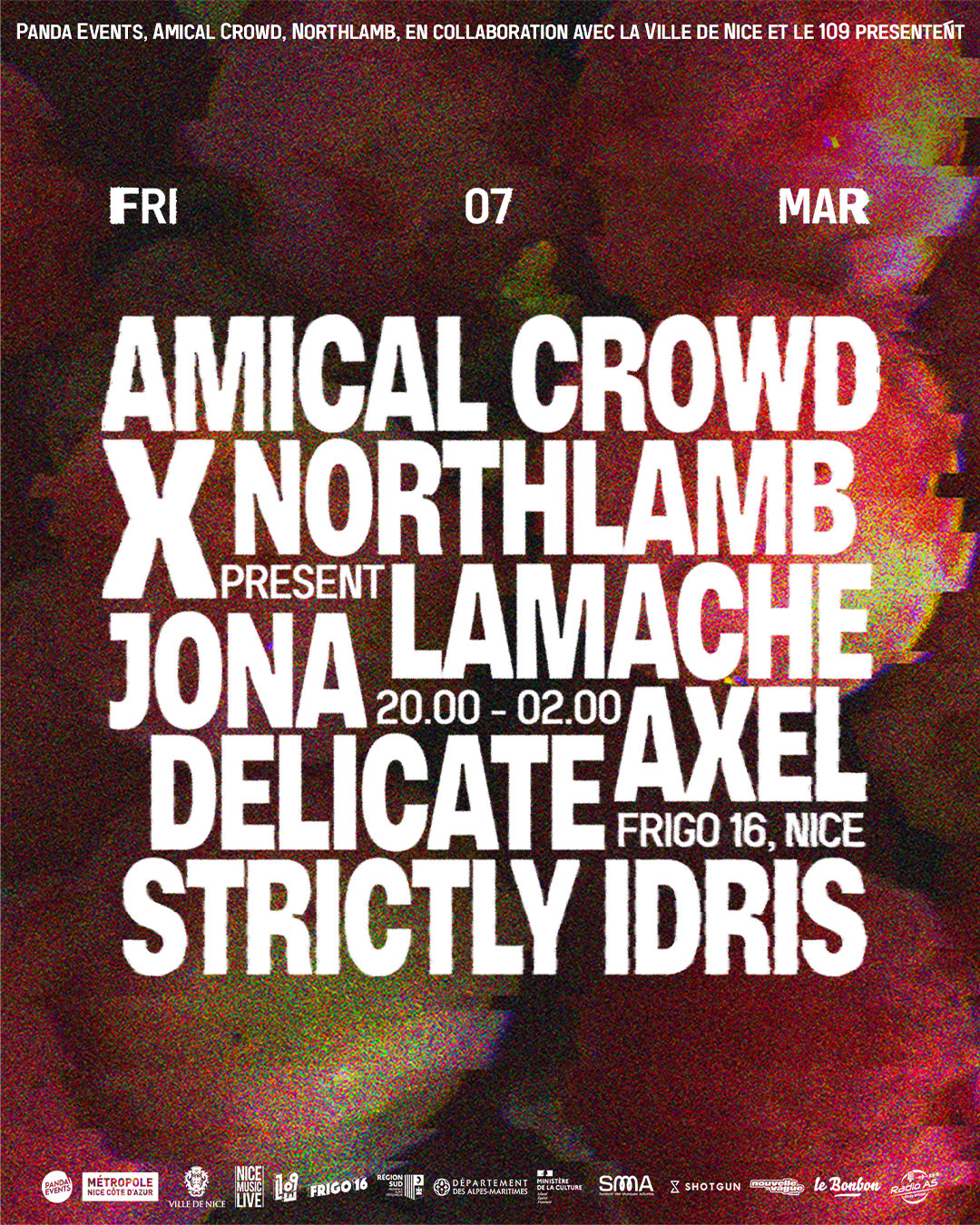 Affiche du concert Amical Crowd x Northlamb au Frigo 16 à Nice, avec Jona Lamache, Delicate Axel et Strictly Idris.